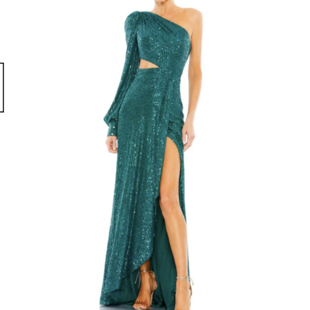Ieena for Mac Duggal 26730 Sequined One Shoulder Cut Out Gown Size 2 Teal NWT